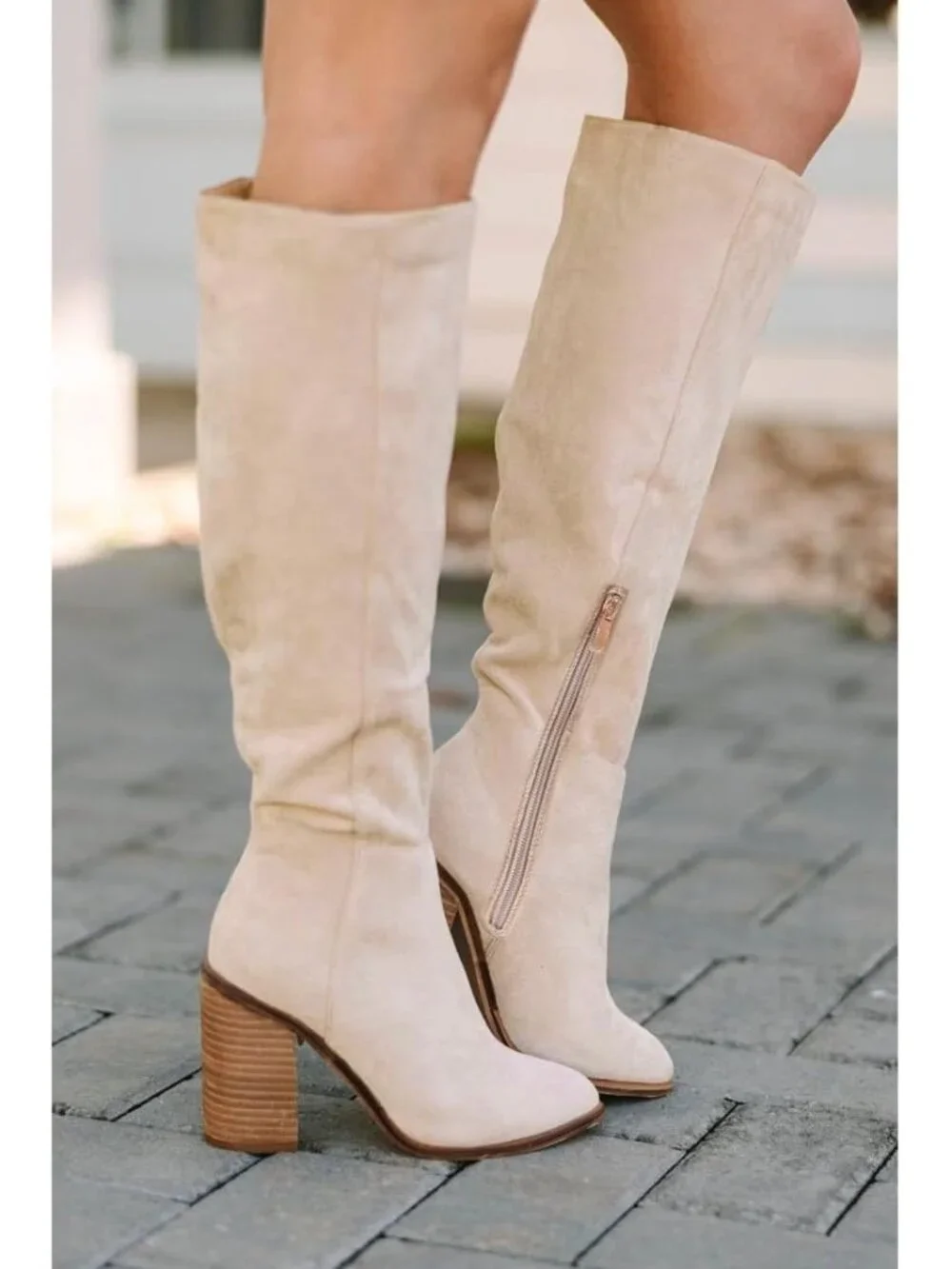 Women's Beige High Heel Round Toe Faux Suede Side Zipper Slouch Knee High Boots